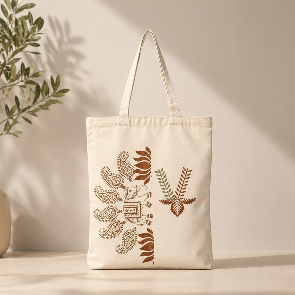 Neelkanth Imprint Eco-Friendly Hand Block Printed Paisley & Floral Cotton Canvas Tote Bag, Reusable Shopping & Daily Use Shoulder Handbag