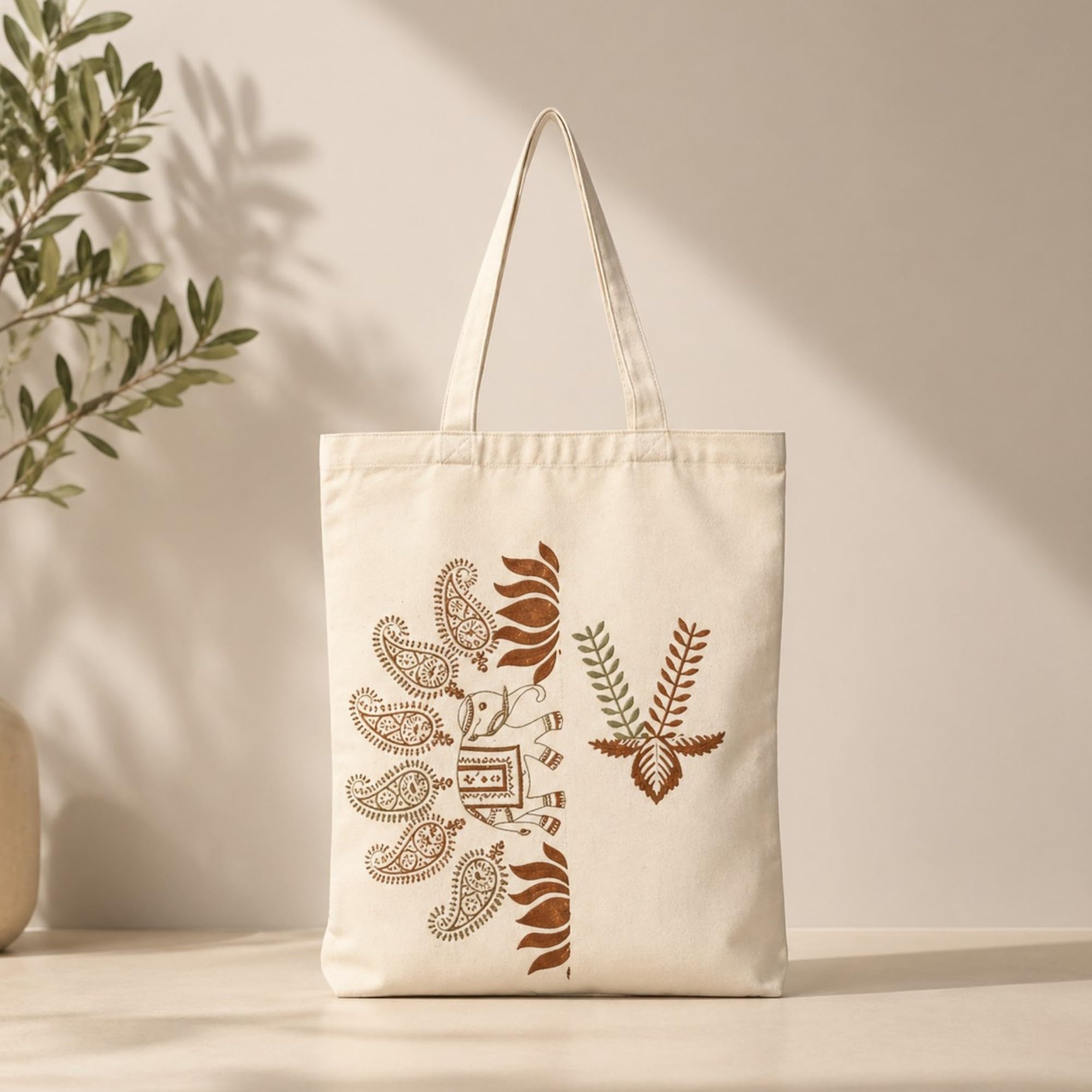 Neelkanth Imprint Eco-Friendly Hand Block Printed Paisley & Floral Cotton Canvas Tote Bag, Reusable Shopping & Daily Use Shoulder Handbag