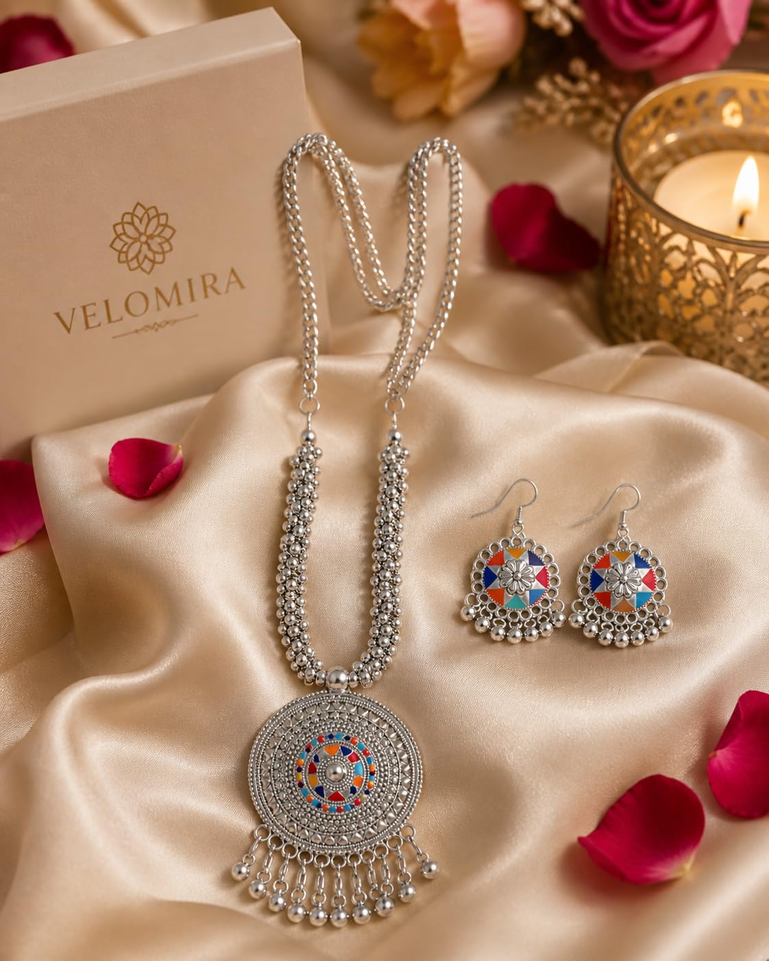 VELOMIRA Oxidised Silver Tribal Necklace Set for Women | Boho Ethnic Pendant Necklace with Matching Earrings | Traditional Handmade Jewelry Set