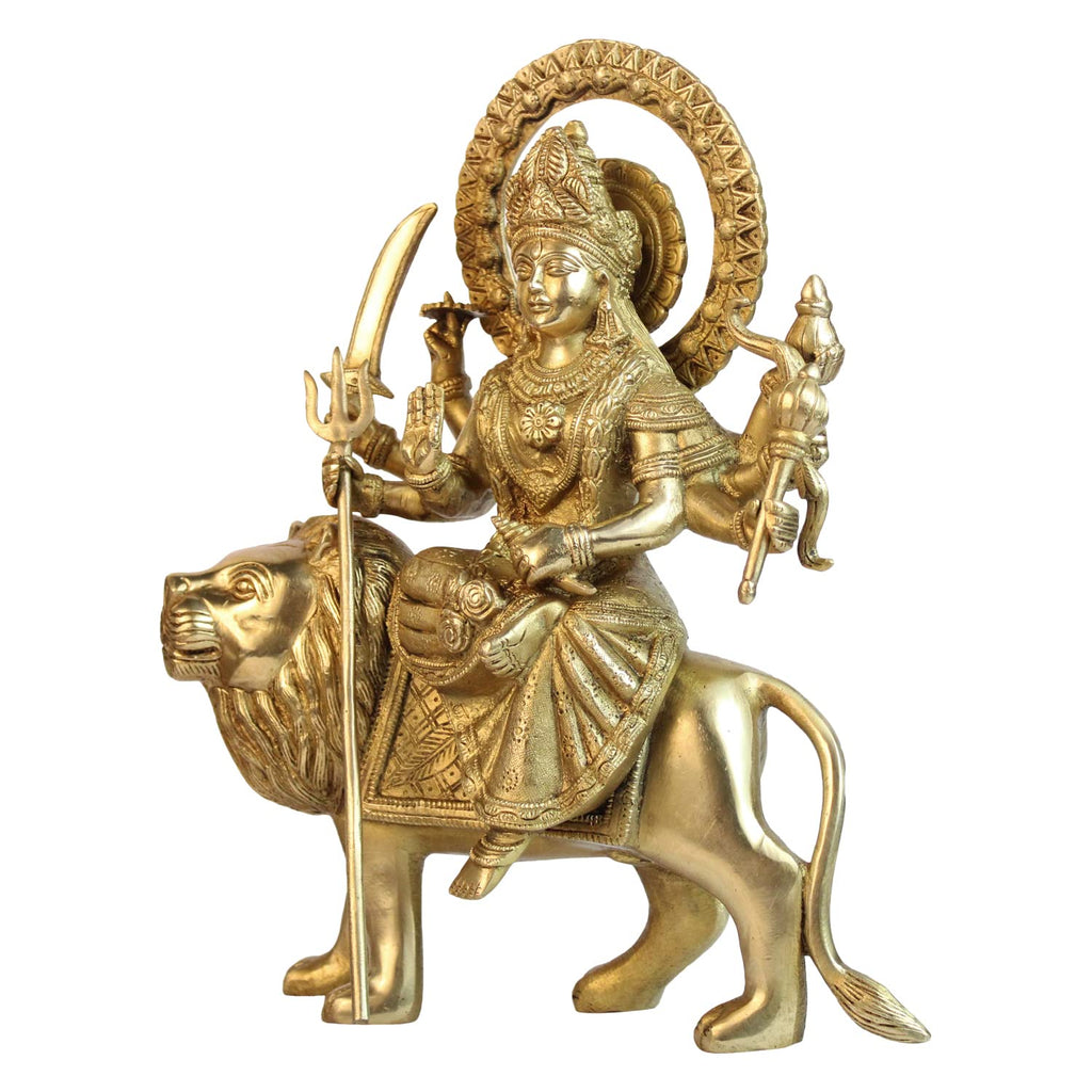 ARTVARKO Brass Maa Durga Idol Sitting On Lion Ma Sherwali Murti Devi Statue for Home Mandir Office Gift Navratra Puja 12 Inches