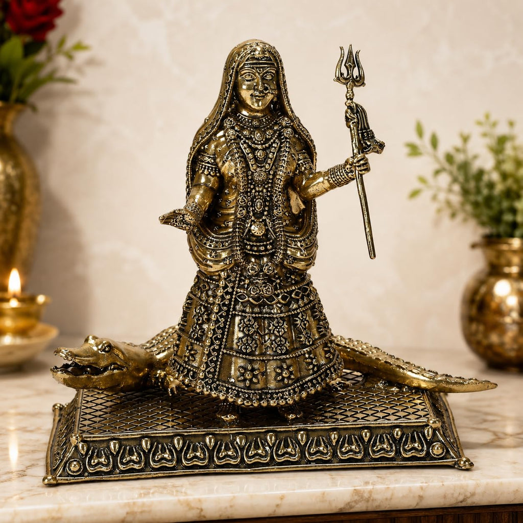ARTVARKO Brass Goddess Khodiyar Crocodile Maa Statue for Home Decor Puja Mandir Temple 5 Inch