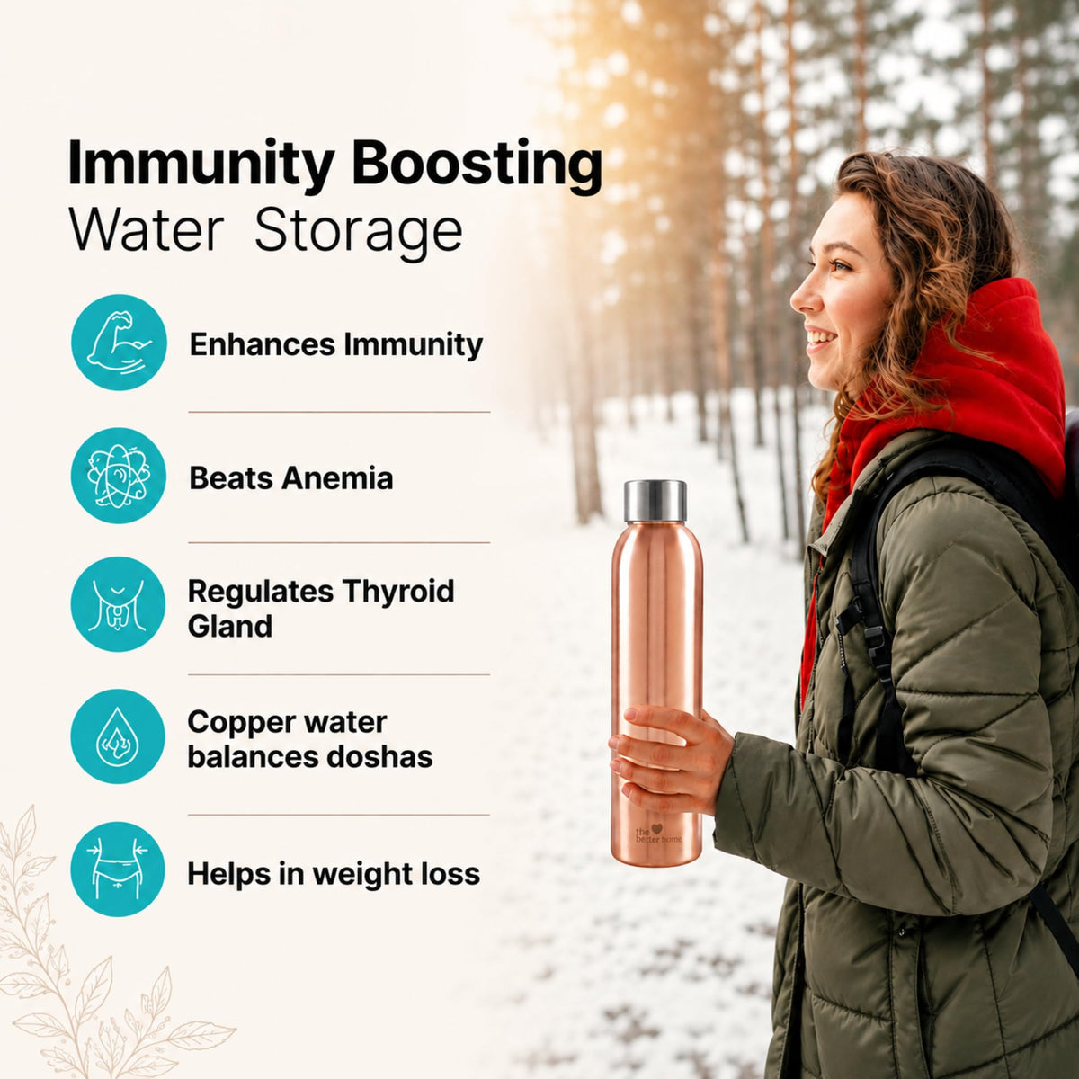 The Better Home Copper Water Bottle | 100% Pure Copper Bottle with Steel Cap | Drinking Water Bottle for Home, Office, Gym & Travel | Durable, Rust Free, Leak Proof, Eco-Friendly | 950ml Capacity