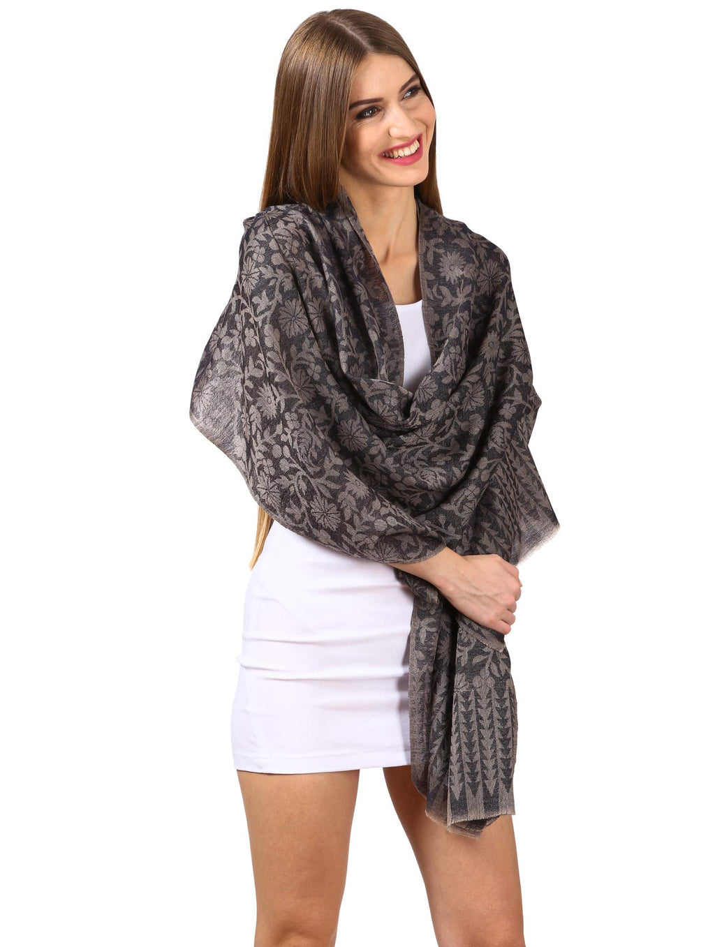 Pashtush Women's Wool Floral Design Scarf Stole (Navy Blue)