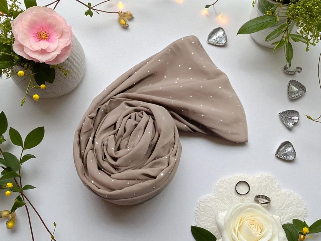 Premium Rhinestone Hijab | Korean Georgette | 70 x 30 Inch | Sparkle Scarf for Women | Soft & Lightweight Fabric (NUDDISH)