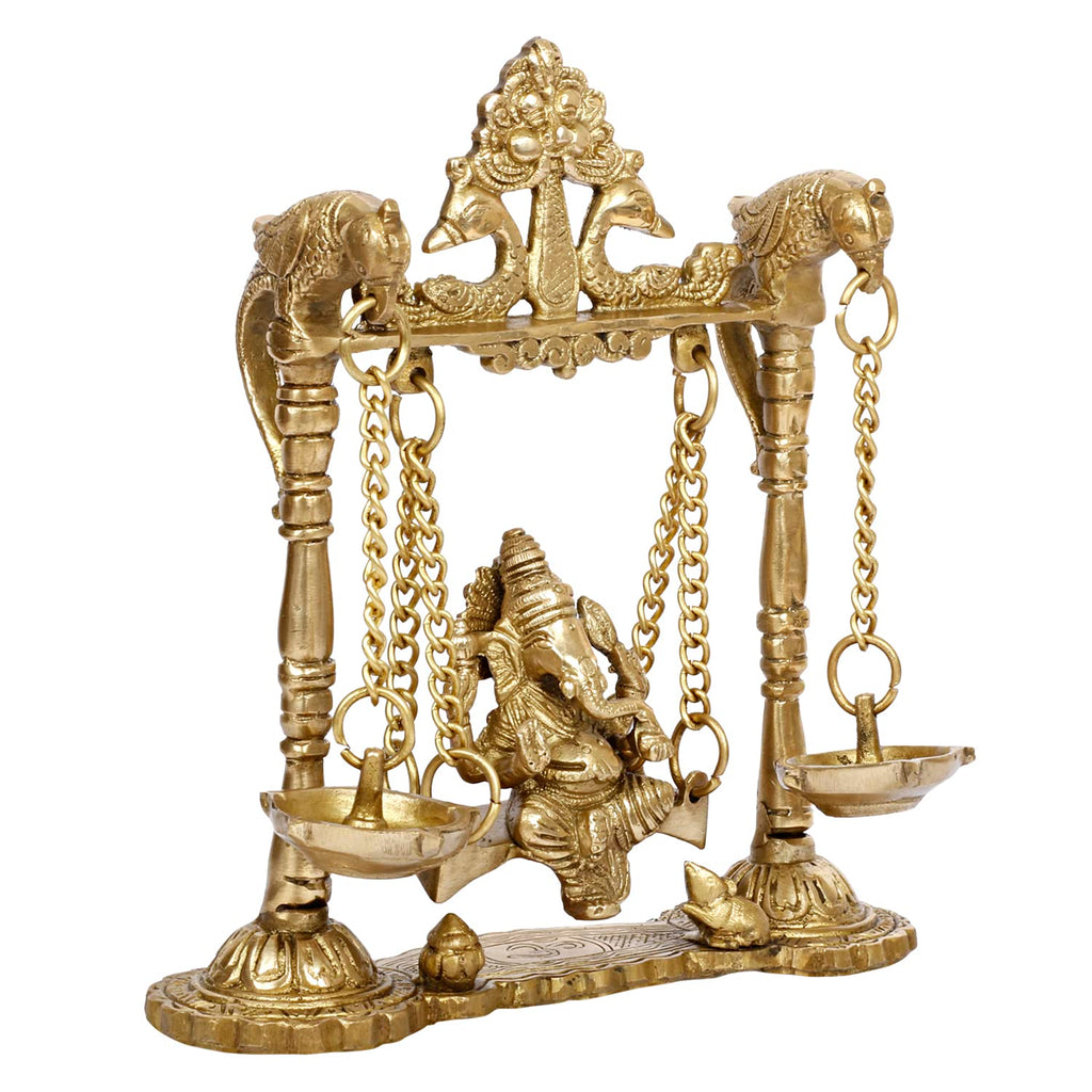 SVARUP Brass Ganesha On Jhoola Swing with Hanging Diya Showpiece, Beautiful Handcrafted Brass Ganesh Statue 9 Inch