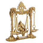 SVARUP Brass Ganesha On Jhoola Swing with Hanging Diya Showpiece, Beautiful Handcrafted Brass Ganesh Statue 9 Inch