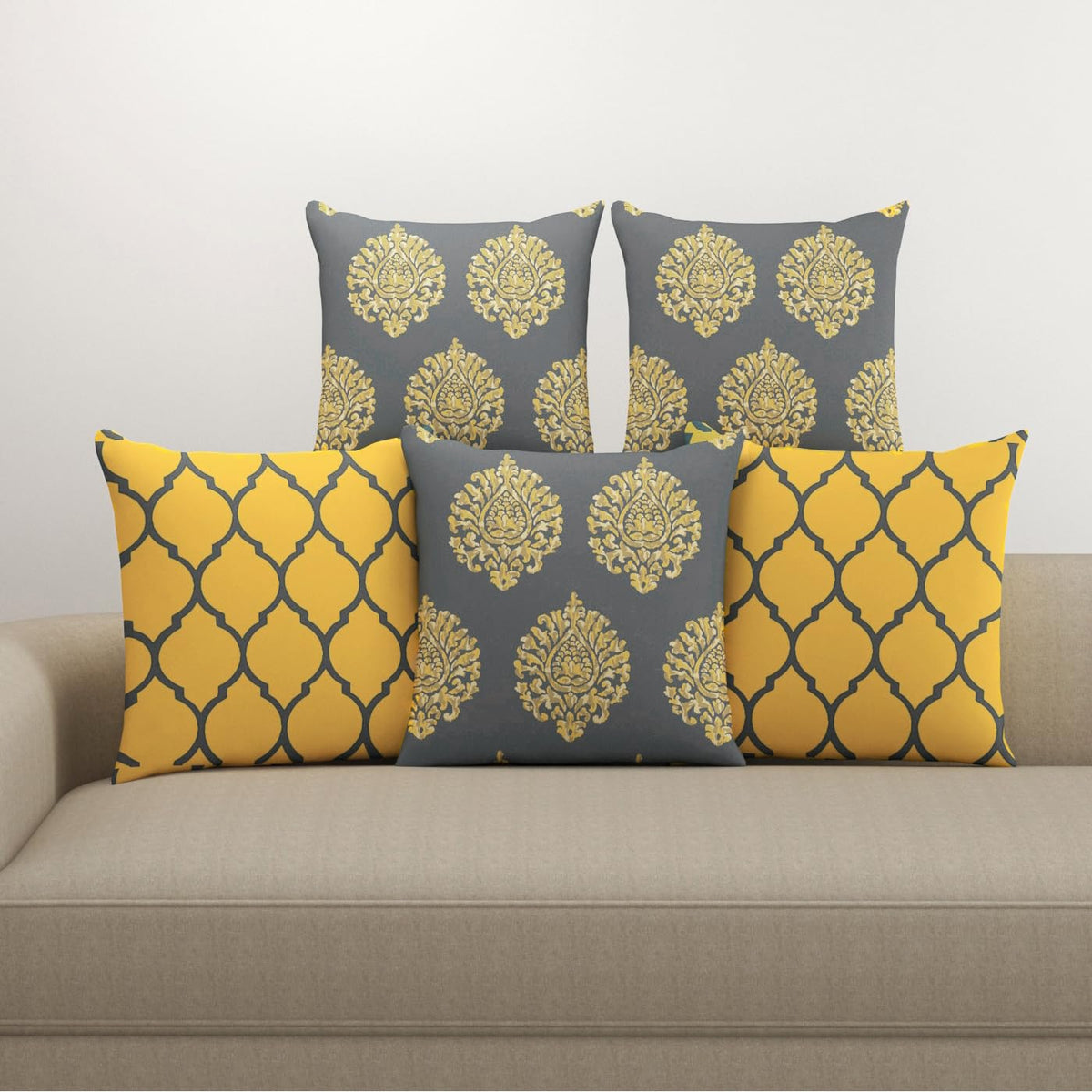 Trance Home Linen Set of 5 Premium 100% Cotton 16x16 inch Cushion Covers Only for Sofa and Diwan | Small Cushion Pillow Covers Only (16x16 inch | 40cmx40cm, Damask & Dori Mustard Yellow) – Set of 5