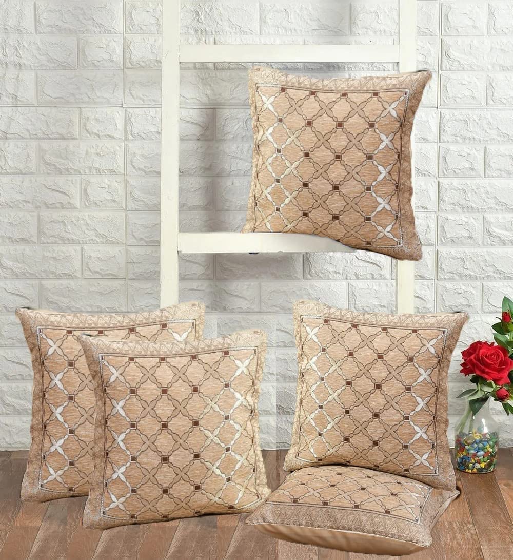 DECOMIZER Jacquard Geomteric Cushion Covers 24 Inch X 24 Inch Set Of 5 Ethnic Motifs 240 TC Cushion Covers,Design- Criss-Cross,Color- Beige