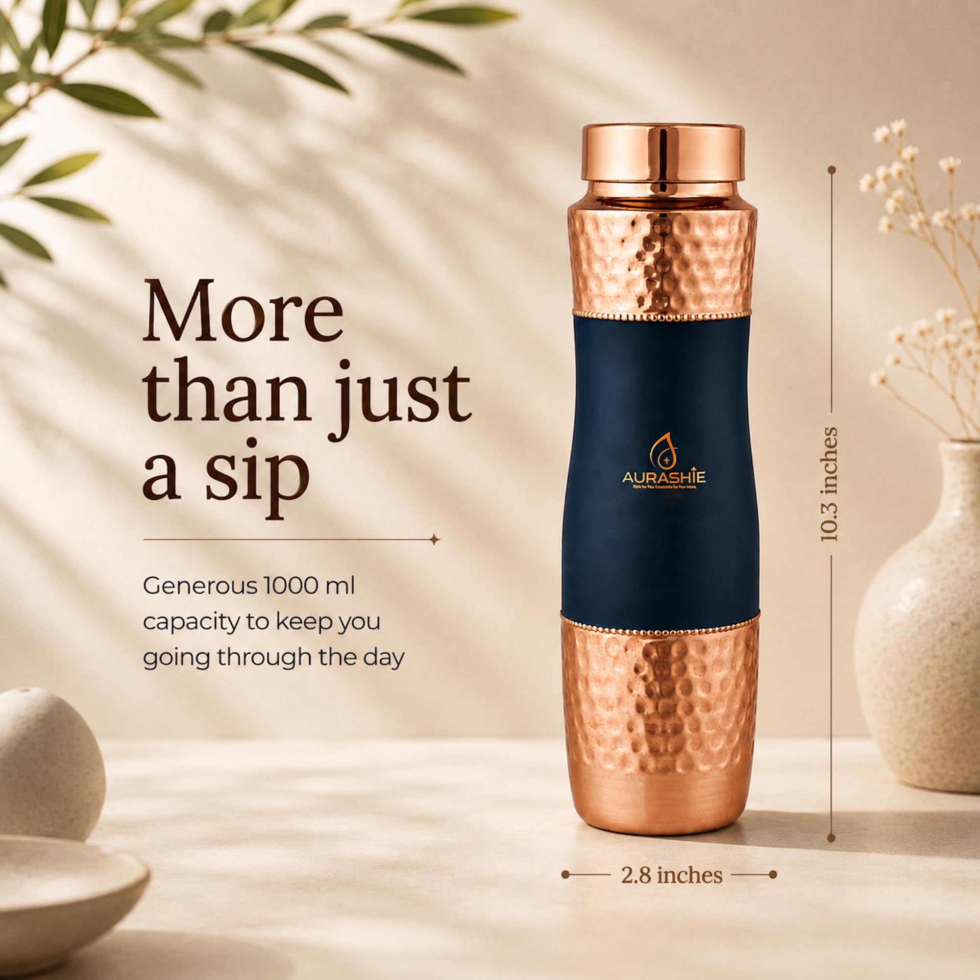 AURASHIE Pure Copper Water Bottle 1 Litre | BPA Free & Leak Proof | Copper-Infused Water | Durable & Rust Proof | Ayurveda Health Benefits - Hammered Finish (Blue Grip Sleeve)