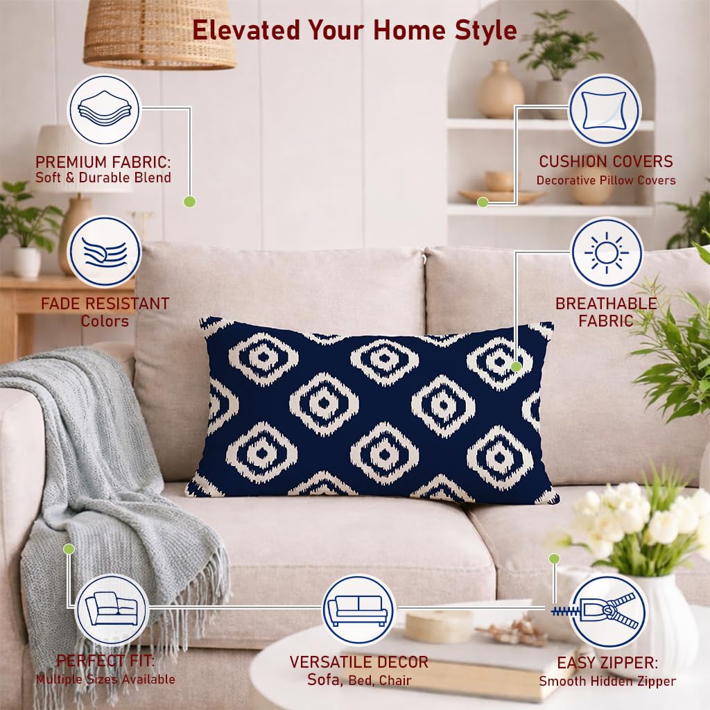 STITCHNEST Set of 2 Polycotton Cushion Covers – 12x18 Inches – Blue & White Ikat Geometric Print – Elegant Cushion Covers for Sofa & Living Room | Perfect for Home Decor