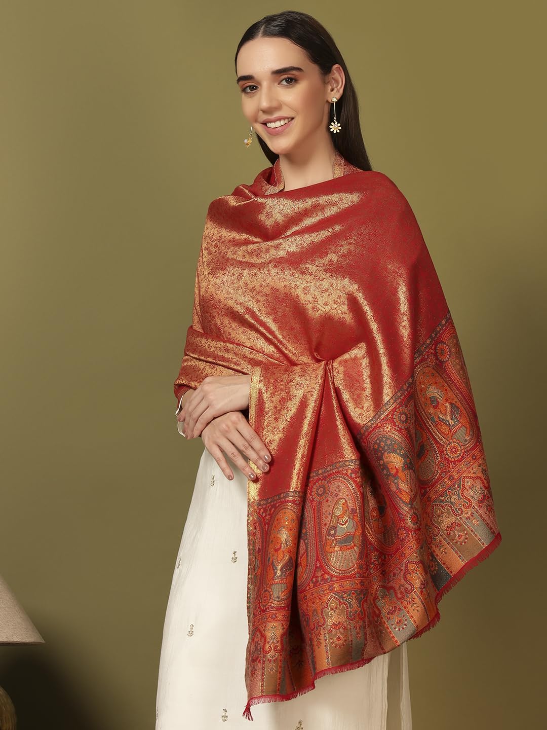 Pashmoda Women Silsila Zari Kaani Fine Wool Shawl (Size: 40x80in, 101x203cm) ZSS03