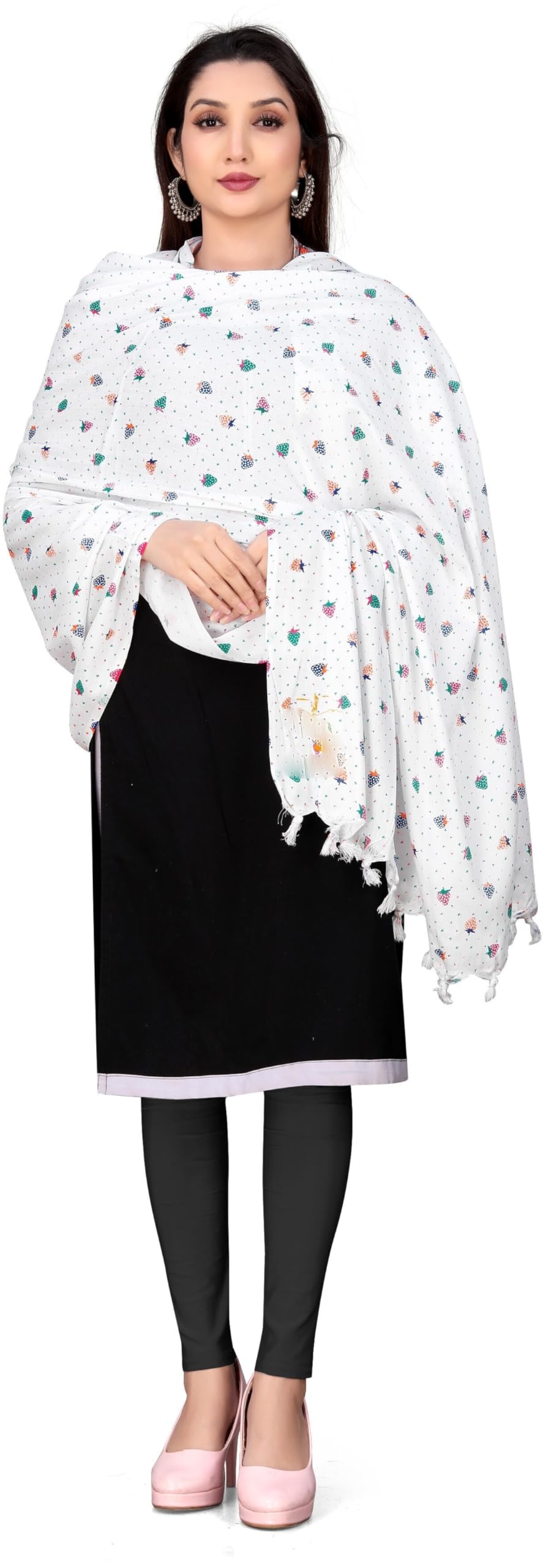 Sclout Soft Cotton Breathable Sun Protection Scarf Dupatta Usable for vehicle Driver | White Printed Design Stoles | Universal Size | For Girl & Women | Light Weight (Stole - Strawberry)