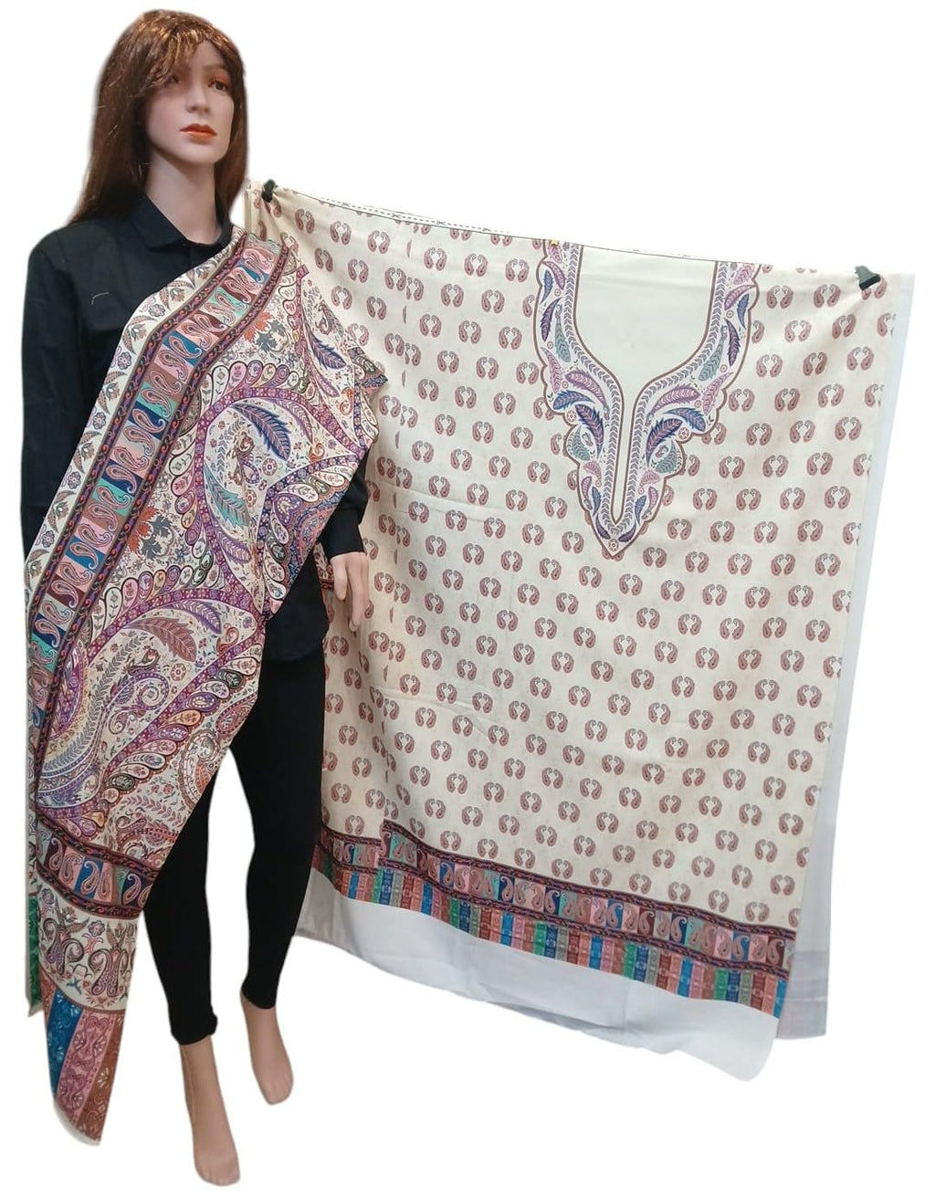 Premium Pure Handloom Kashmiri Pashmina Weaving Jacquard Woolen Women Unstitched Suits Dress materials (Cream)