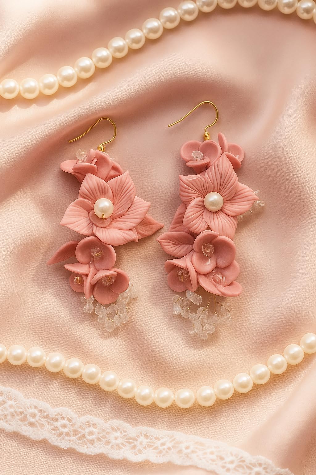 Handmade Pink Floral Clay Earrings for Women | Lightweight Polymer Clay Earrings with Pearls & Crystal Beads | Statement Dangle Earrings | Ethnic Wedding & Festive Jewelry Gift