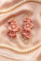 Handmade Pink Floral Clay Earrings for Women | Lightweight Polymer Clay Earrings with Pearls & Crystal Beads | Statement Dangle Earrings | Ethnic Wedding & Festive Jewelry Gift