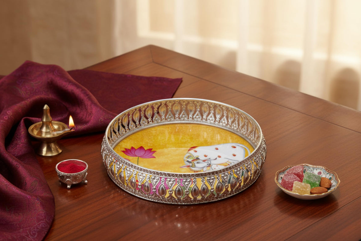 German Silver Tray 8 inches Pichwai Cow Design | Decorative Round Metal Plate for Pooja, Dry Fruits & Gifting | Traditional Handcrafted Serving Tray for Home Décor (Yellow)