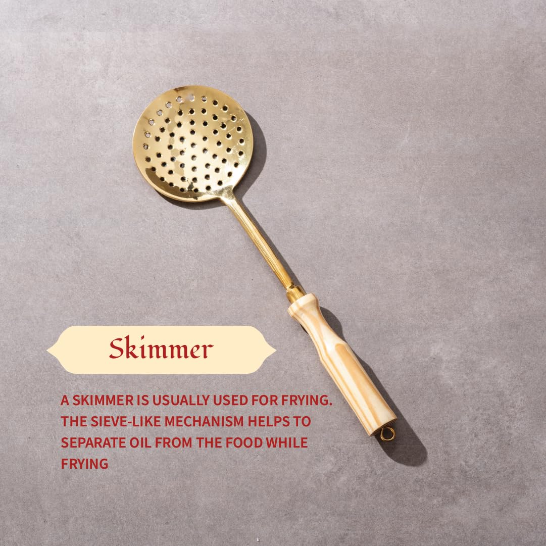 P-TAL Brass Ladle Set for Kitchen Ptal Brass Utensils Serving and Kitchen Tools Scoop Ladle Skimmer Serving Spoon Spatula Set of 4 (Free 30ml Copper & Bras Cleaning Solution)