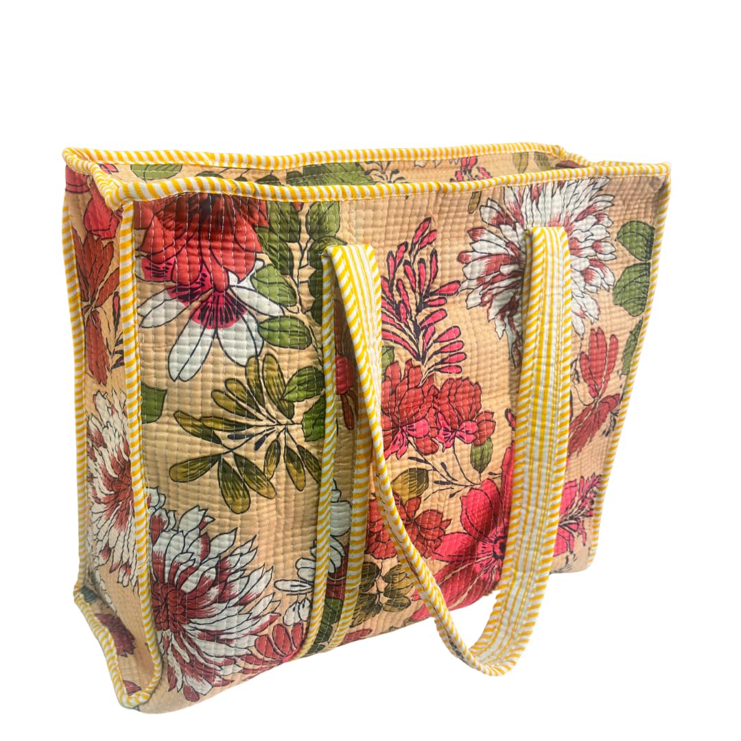 Bazaar Bhoot Edition Premium Cotton Quilted Shopping Tote Bag - Multipurpose Long Lasting Foldable Reusable Bag with zipper for Shopping, Travel & Daily Use - Made in India (Floral Beige)