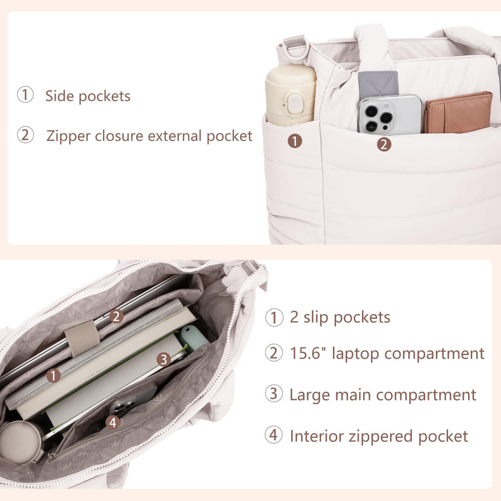 GASSDA Tote Bag for Women Puffer Work Tote Handbag Large Quilted Nurse Bag with Zipper for Travel, Beige, Large