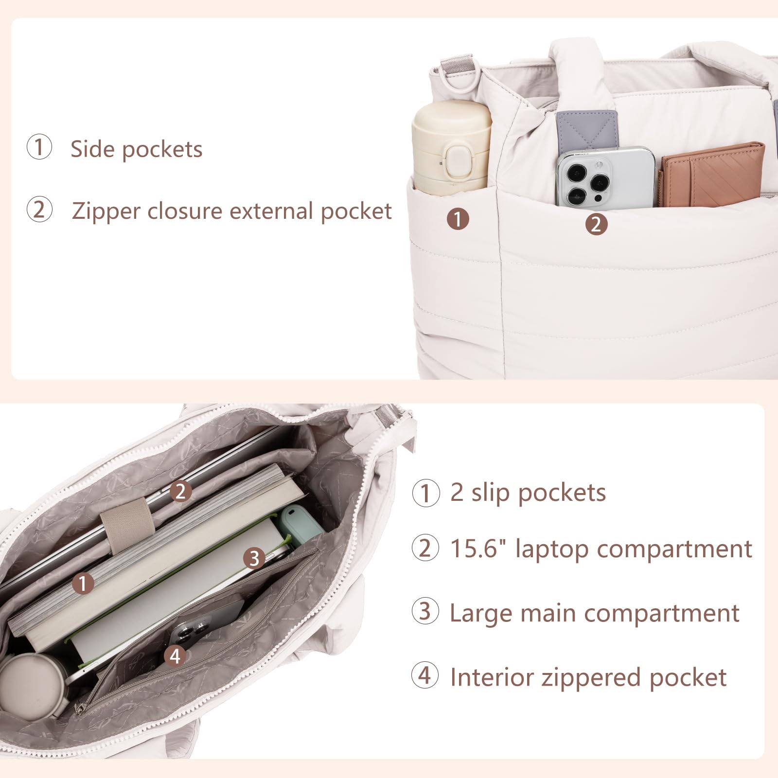 GASSDA Tote Bag for Women Puffer Work Tote Handbag Large Quilted Nurse Bag with Zipper for Travel, Beige, Large