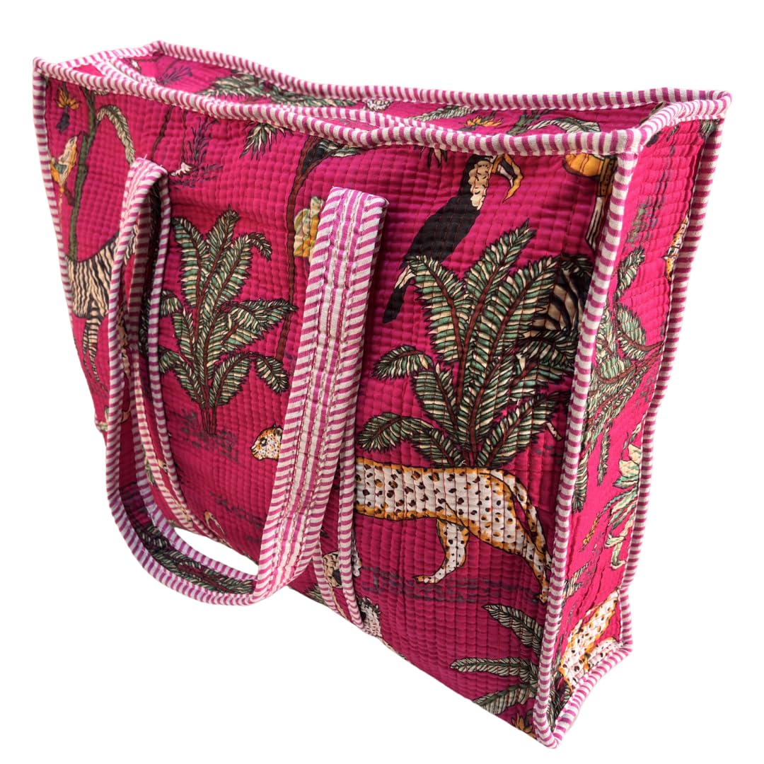 Bazaar Bhoot Edition Premium Cotton Quilted Shopping Tote Bag - Multipurpose Long Lasting Foldable Reusable Bag with zipper for Shopping, Travel & Daily Use - Made in India (Animal Print Black)