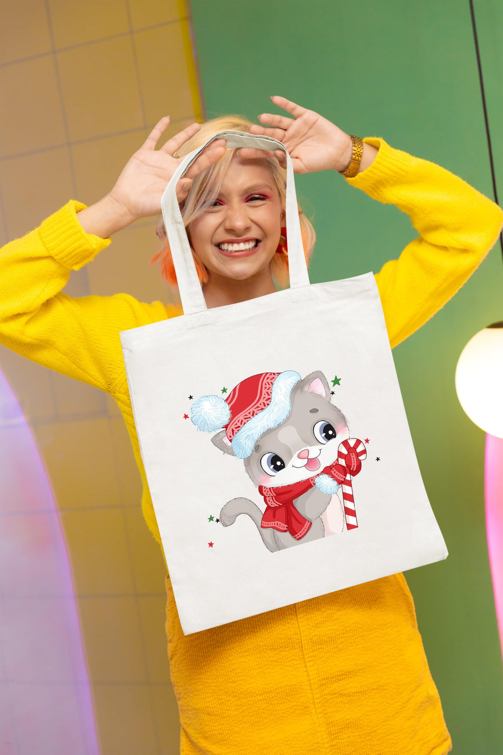 Happu Christmas White Cotton Canvas Tote Bag with Zip | Festive Printed Reusable Tote for Women & Girls | Eco-Friendly, Washable & Multi-Purpose Gift Bag HPK-3430