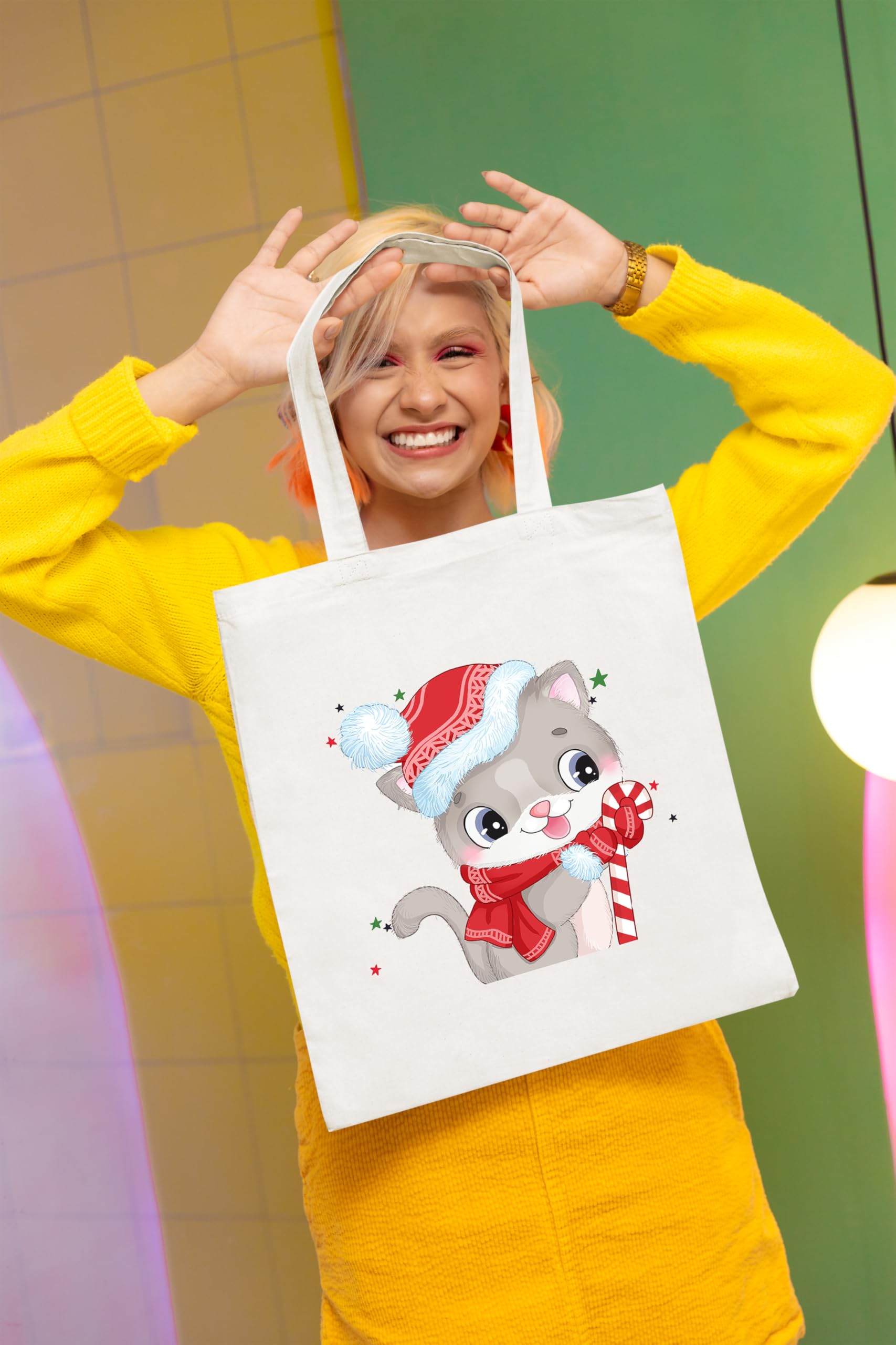 Happu Christmas White Cotton Canvas Tote Bag with Zip | Festive Printed Reusable Tote for Women & Girls | Eco-Friendly, Washable & Multi-Purpose Gift Bag HPK-3430