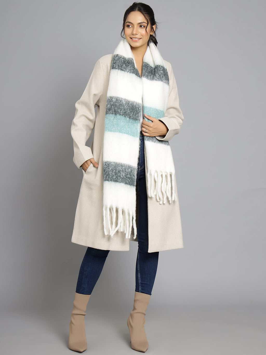 Ravaiyaa - Attitude is everything Women's Cashmere Wool Acrylic Scarf Winter Long Scarves, Neck Wrap 72 X 14 Inch (White & Grey)