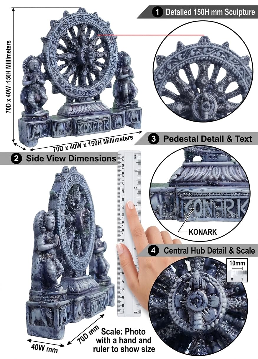 Zenith Zone Black konark Chakra Wheel showpiece – Antique Finish Sun Temple Sculpture for Home Decor & Gifting – Handcrafted Indian Artifact for Desk, Shelf, or Altar