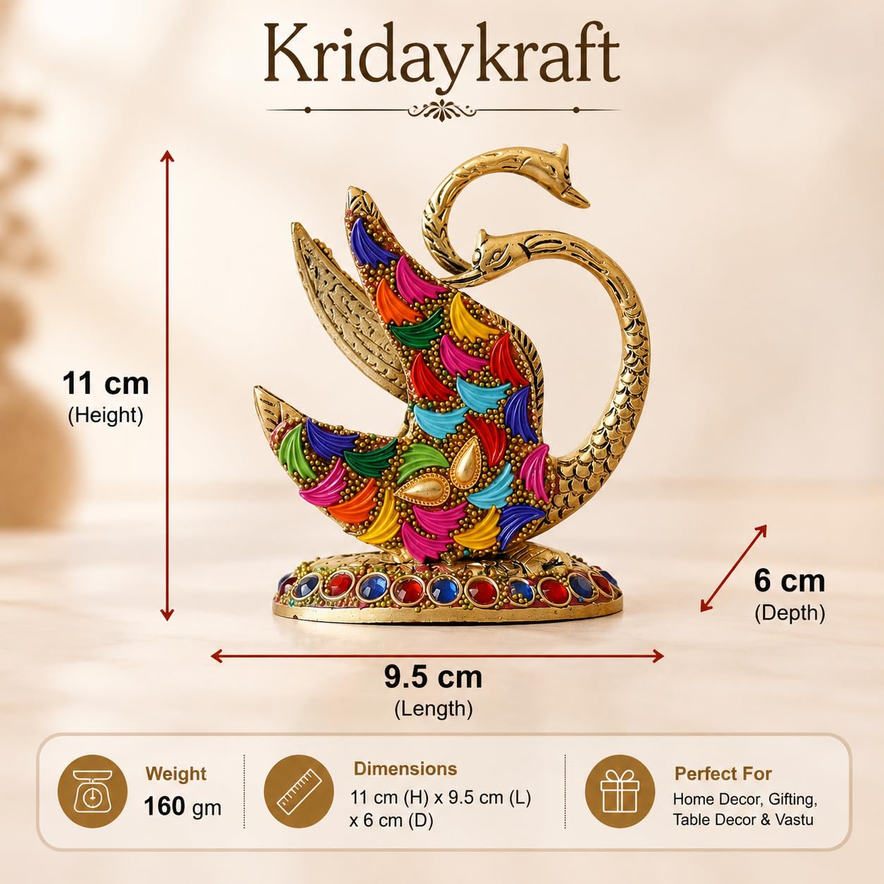 KridayKraft Metal Swan Napkin Holder for Dining Table, Golden Twin Swan Tissue Paper Stand with Leaf Design & Colourful Stone Work, Decorative Tableware for Home, Kitchen, Restaurant & Gifting.