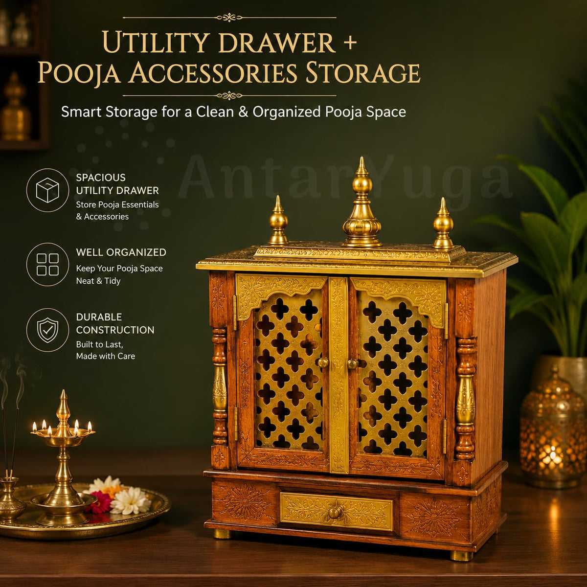 Home and Bazaar Wooden Temple Rajasthani Ethnic Handcrafted Mandir, Pooja Ghar Mandapam - 18x9x24 Inch (46x23x61 Cm) Brown | Traditional Wood Pooja Mandir Hindu Temple for Home Décor Mandapam
