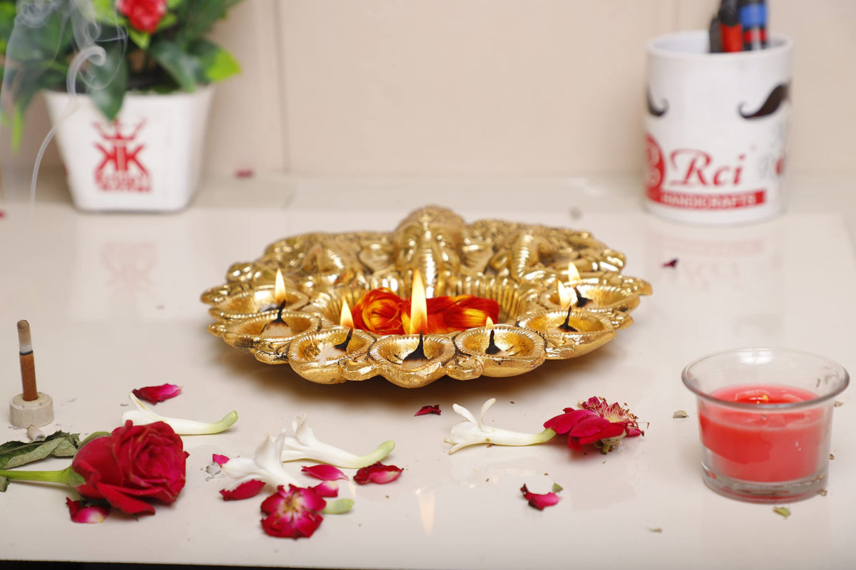 KridayKraft Metal Ganesha Puja Thali with Diya Ganpati Pooja Thali for Puja Room Mandir Temple Ganesha Murti Idol Pooja Thali for Diwali Poojan Decorative Showpiece