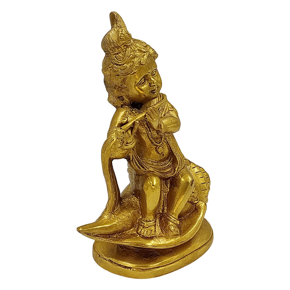 ARTVARKO Brass Lord Bal Krishna Bhagwan Playing Flute on Shankh Religious Idol Statue for Gift Murti for Home Mandir Temple Auspicious Conch 8 Inch