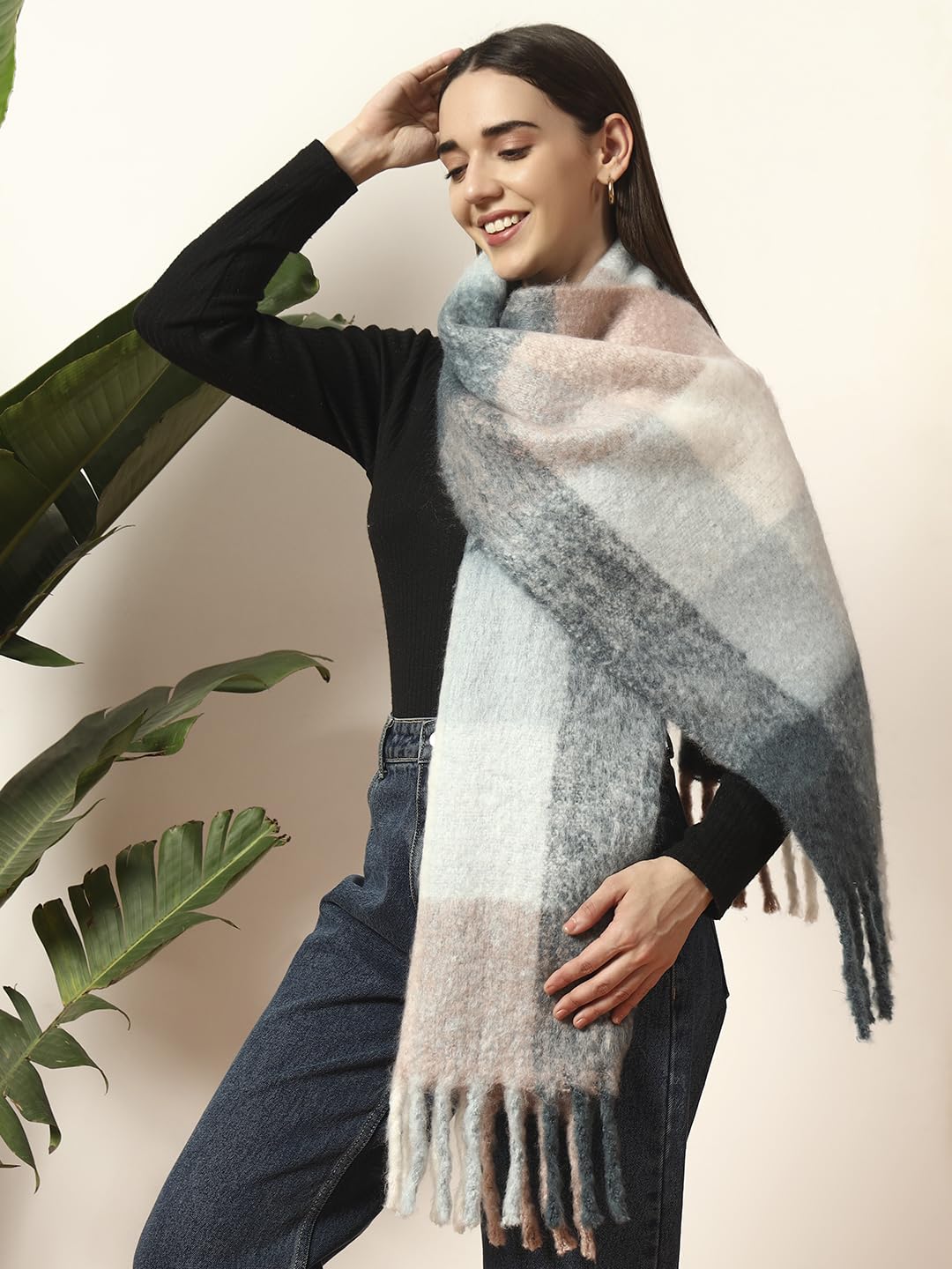 Ravaiyaa - Attitude is everything Women Reversible Acrylic Wool Scarf Winter Wear Muffler Designer Scarves 72x14 Inch (Blue & Pink Checked)