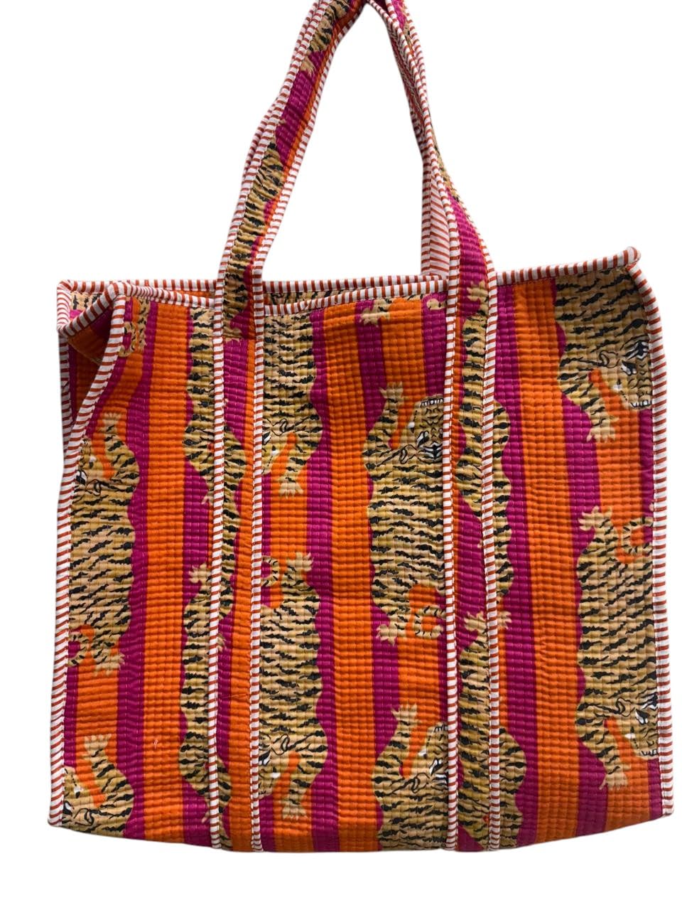 QRUBIS Quilted Cotton Tote Bag, Jungle Flower Safari Tropical Print, Large, Double Handle, 18x6x18 Inches, Unisex, Orange-tiger, Large