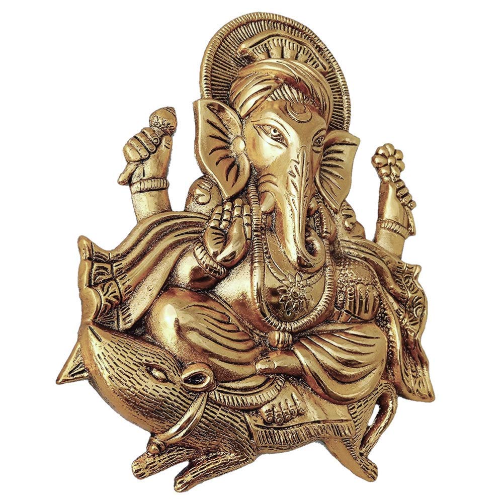 Prince Home Decor & Gifts Metal Ganesh Idol Statue Wall Hanging for Home Décor (Gold, 25.5 X 21.5 x 3 cm).