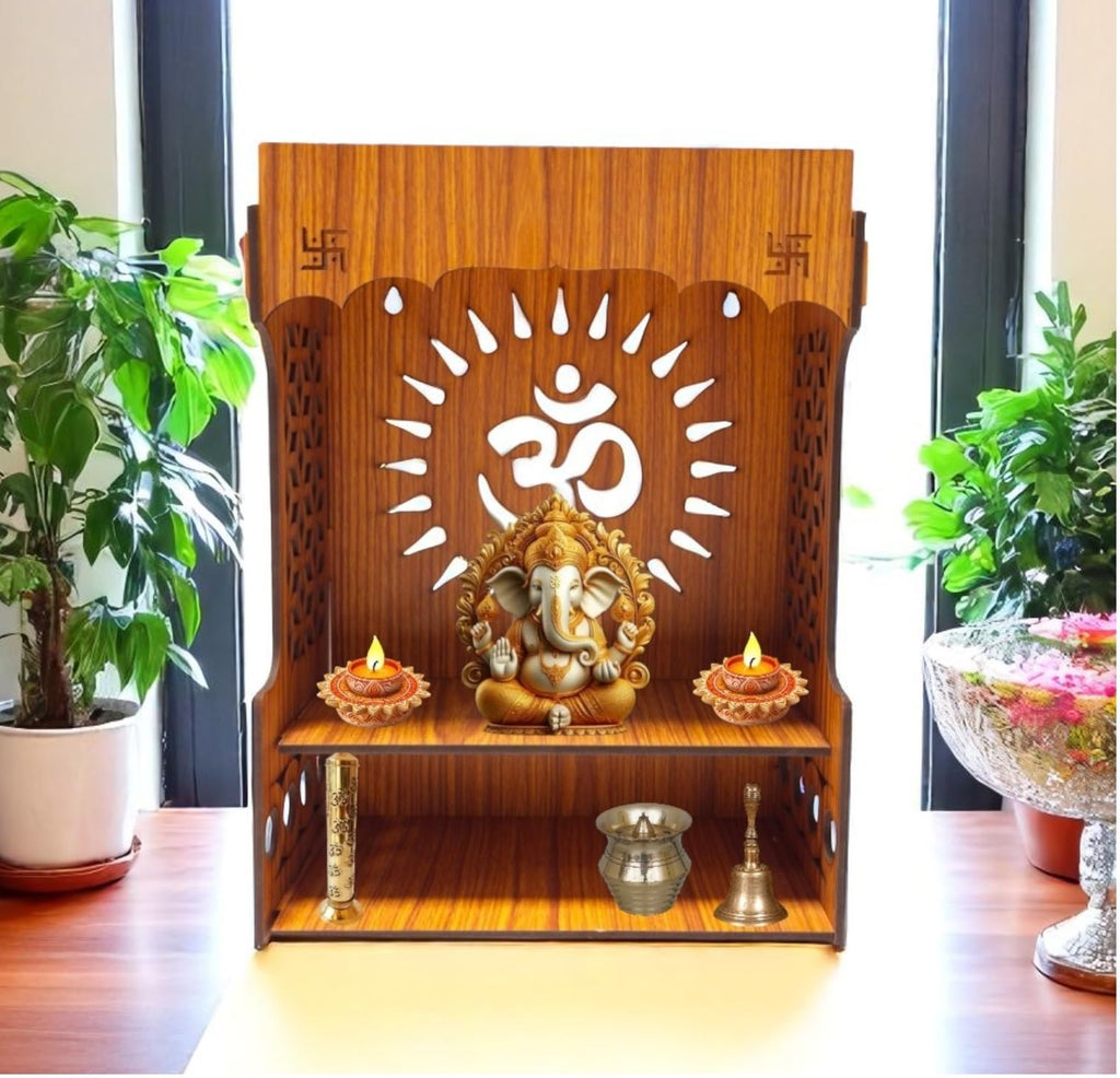 giftingcare Wooden Temple for Home & Office | Wall Mounted & Tabletop Pooja Mandir | Compact Wooden Puja Stand for Desk, Living Room & Gifting | Teak Finish Decorative Design