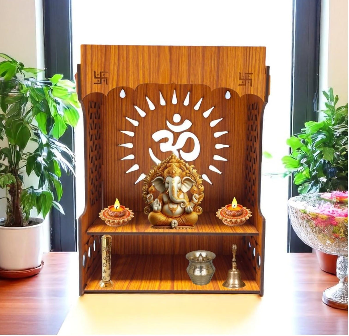 giftingcare Wooden Temple for Home & Office | Wall Mounted & Tabletop Pooja Mandir | Compact Wooden Puja Stand for Desk, Living Room & Gifting | Teak Finish Decorative Design