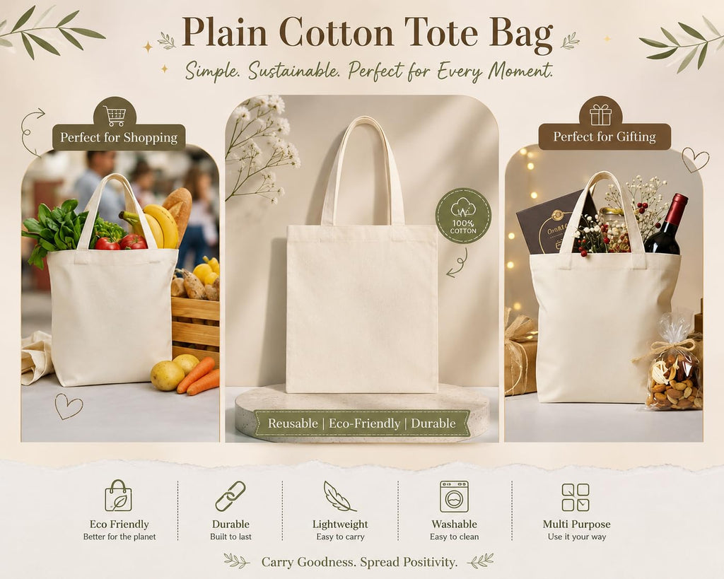 VORNIC 14x16 Inch Plain Canvas Tote Bag | 10 Pcs | 100% Organic Reusable 250 GSM Cotton Handbag for Shopping, Daily Use, Grocery, Craft Diy Painting and Storage