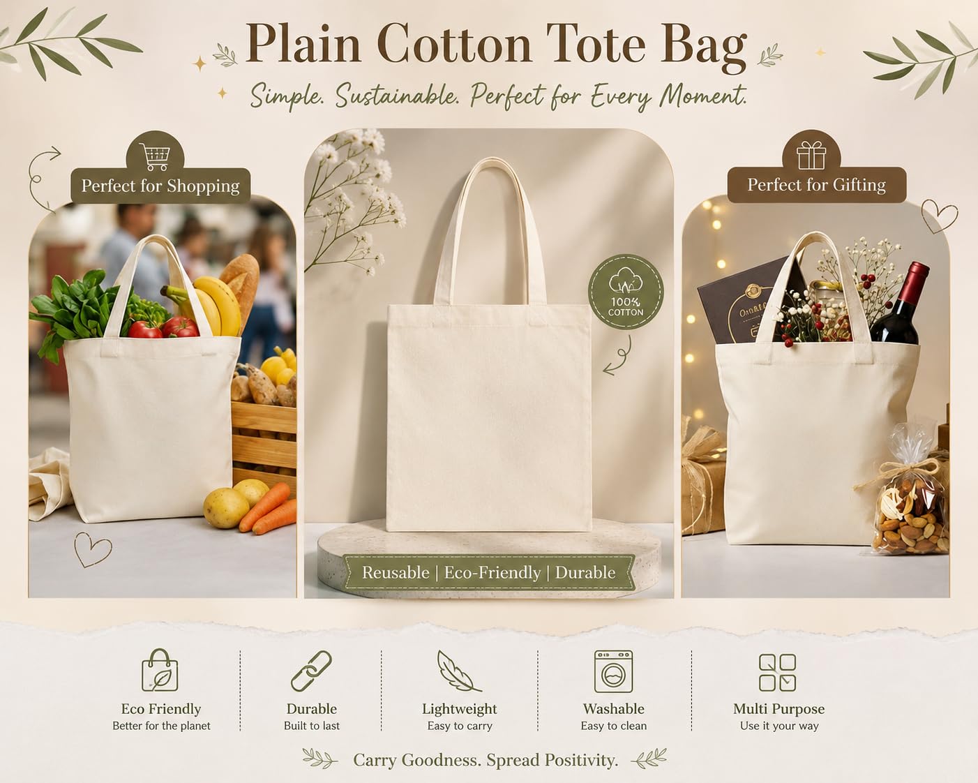 VORNIC 14x16 Inch Plain Canvas Tote Bag | 10 Pcs | 100% Organic Reusable 250 GSM Cotton Handbag for Shopping, Daily Use, Grocery, Craft Diy Painting and Storage