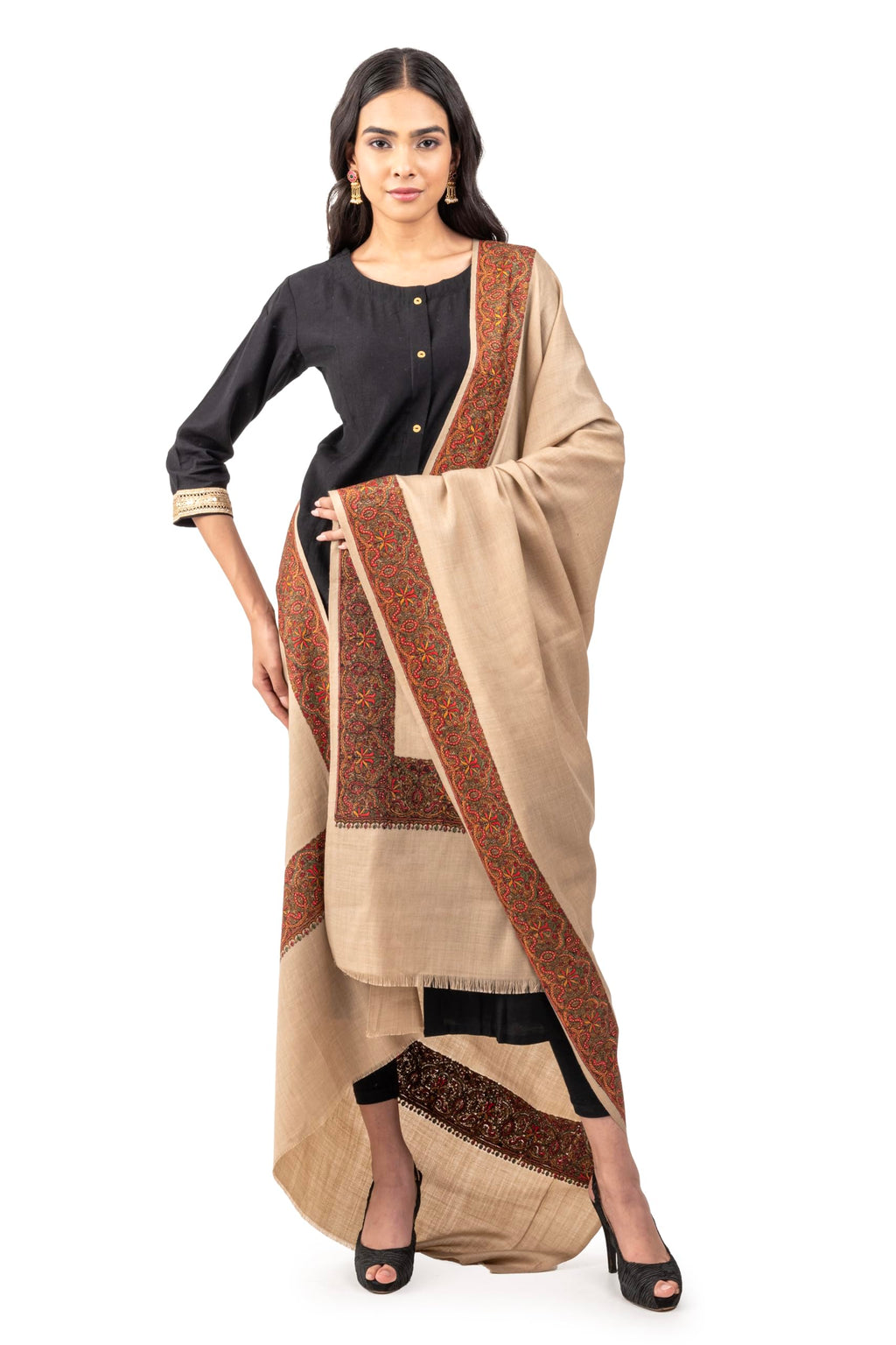 Naureen Women Pashmina Blend Shawl with Kashmiri Embroidery, Warm and Soft, 40x80 inch