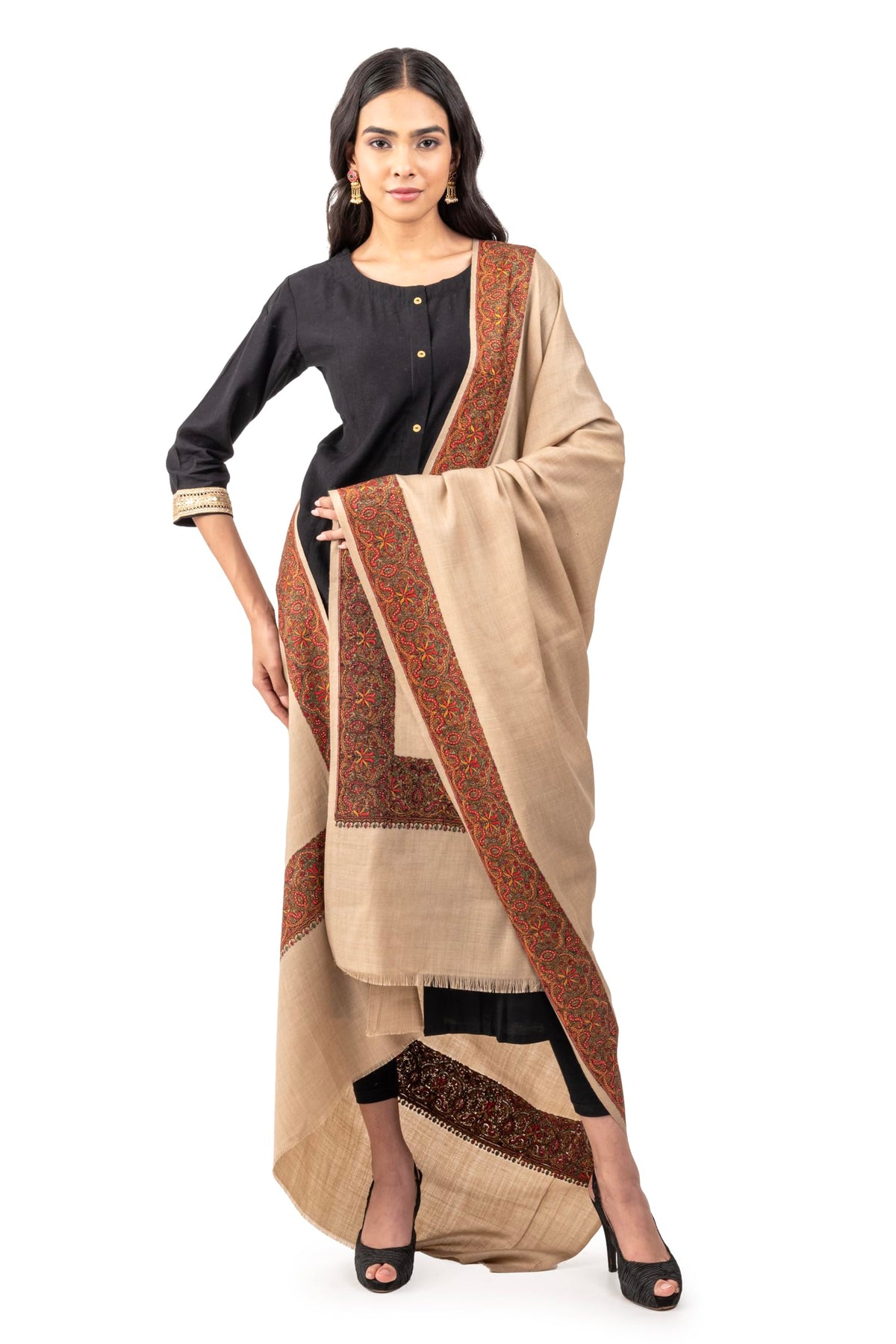 Naureen Women Pashmina Blend Shawl with Kashmiri Embroidery, Warm and Soft, 40x80 inch
