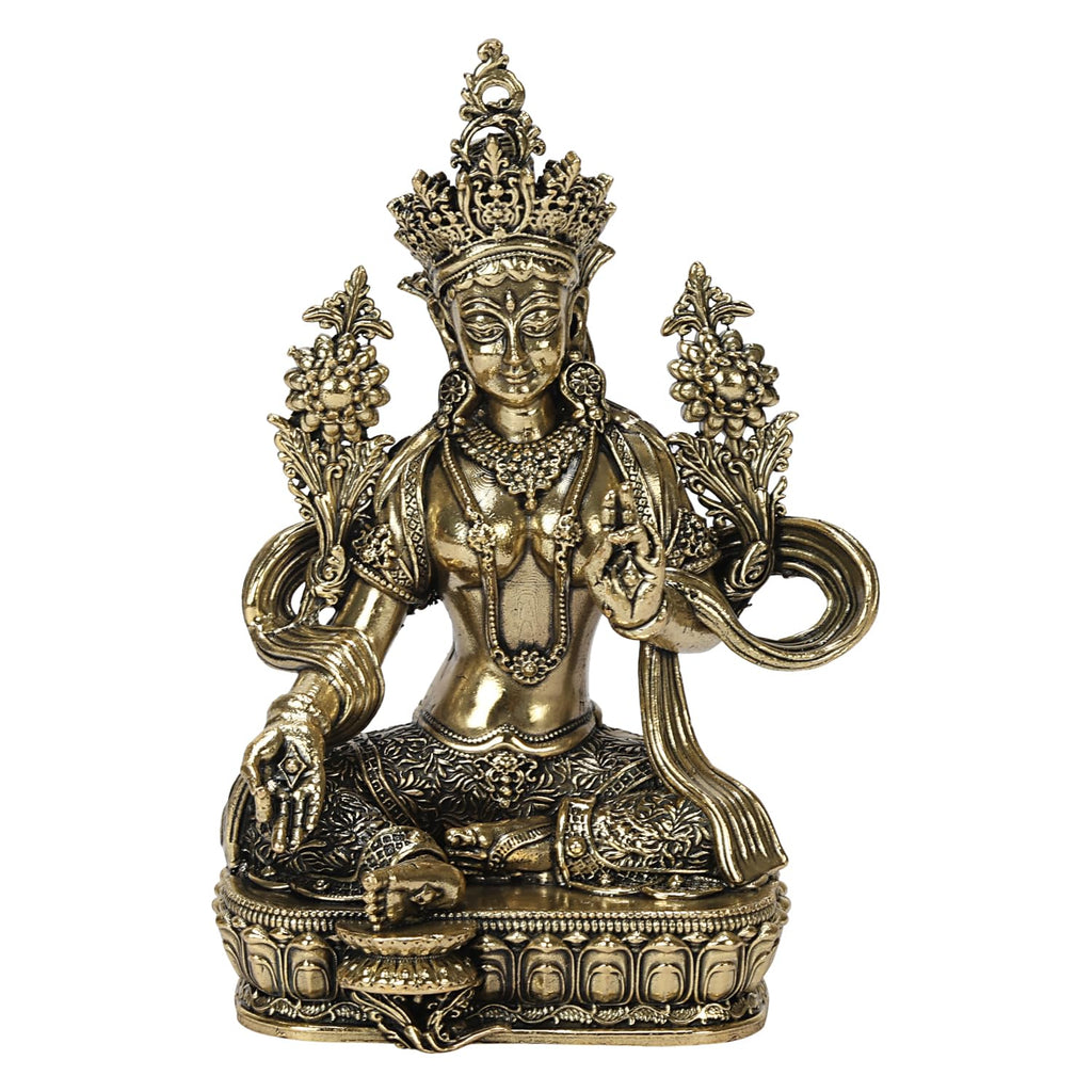 ARTVARKO Brass Tara Devi Statue Tibetan Goddess Religious Green Tara Statue for Health Happiness Wealth Idol Home Decor Sculpture 4.5 Inches