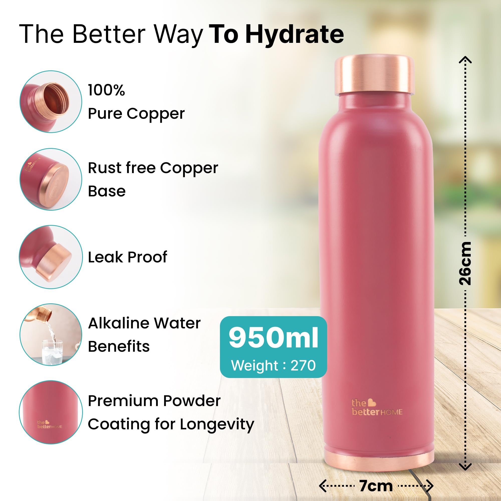 The Better Home Copper Water Bottle 950 ml | 99% copper with Anti Oxidant Prosperities | Provides Health Benefits | Pure Tamba | Maroon