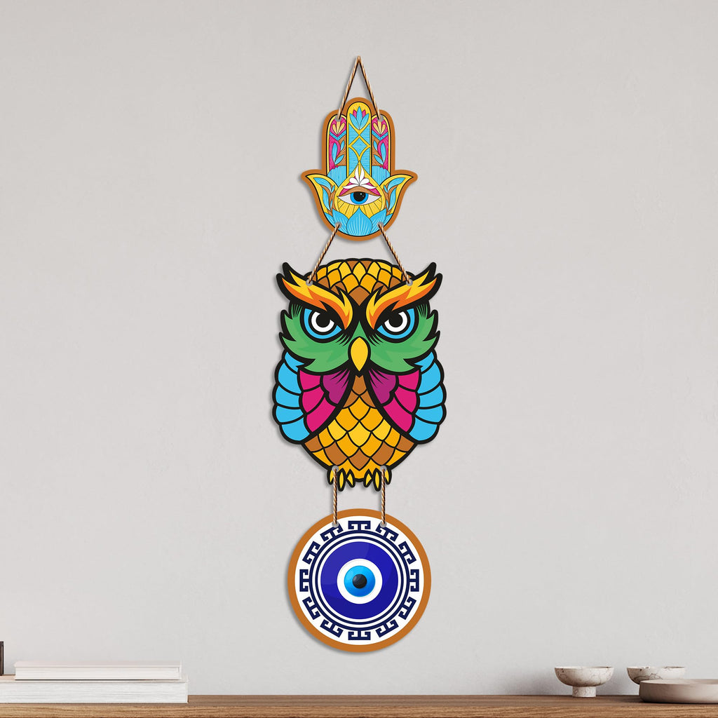 Artvibes Owl Evil Eye Nazar Protection Wall Hanging for Home Entrance | Decorative MDF Vastu Wall Art | Lucky Charm Decor for Bedroom | Living Room | Balcony | Office & Main Door (WH_8522N)