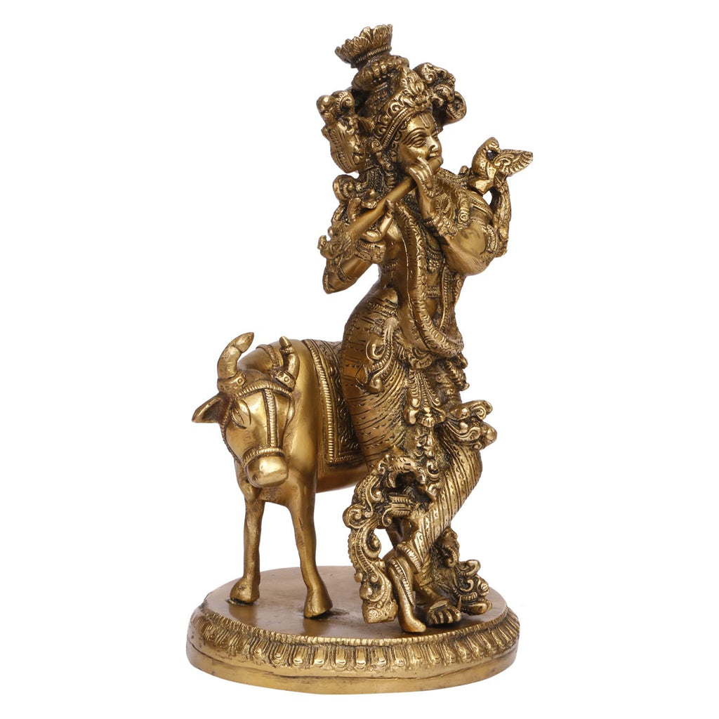 SVARUP Brass Shri Krishna Idol with Cow Kishan Bhagwan Murti Lord Krishna Cow Statue with Flute Big Size Height 10 Inch