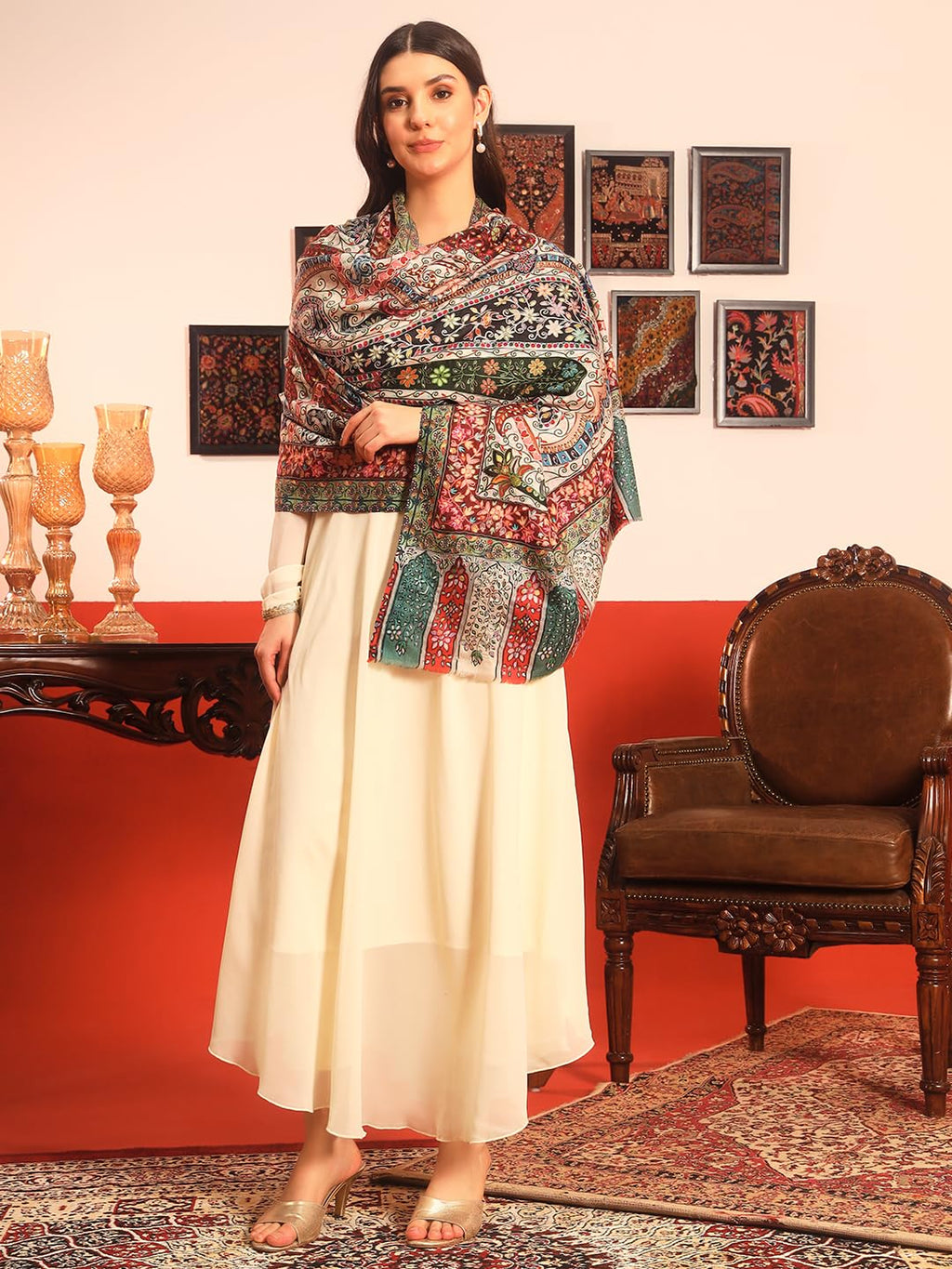 Pashmoda Women Naqshkaar Fine Wool Fabric Pashmina Kalamkari Embroidered Shawl (Size: 40x80in, 101x203cm) KAS17