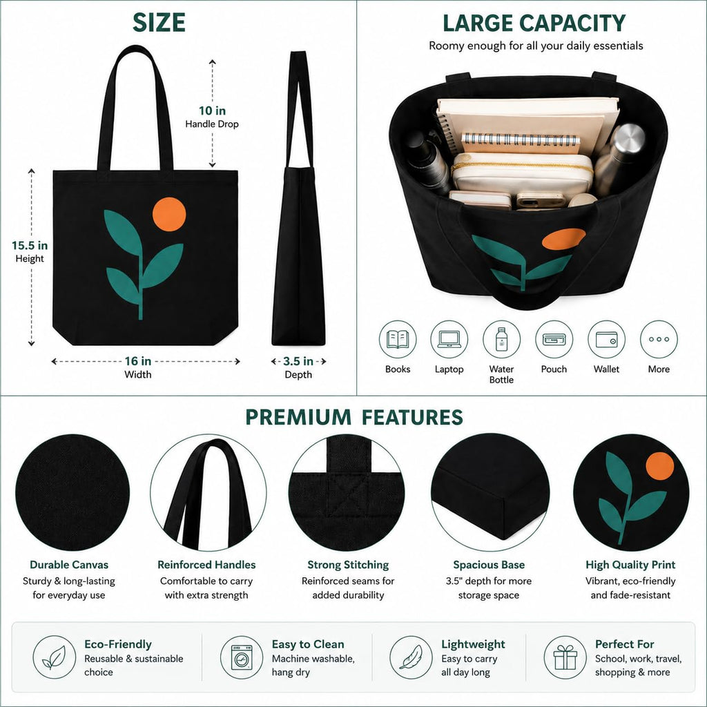 Craftwood Black Canvas Tote Bag, Casual Shoulder Bag for Daily Use, Large Canvas Tote Bag for Women, Tote Handbags for Women with Zipper & Inner Pocket for College, Shopping, Office (Black Leaf)