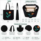 Craftwood Black Canvas Tote Bag, Casual Shoulder Bag for Daily Use, Large Canvas Tote Bag for Women, Tote Handbags for Women with Zipper & Inner Pocket for College, Shopping, Office (Black Leaf)