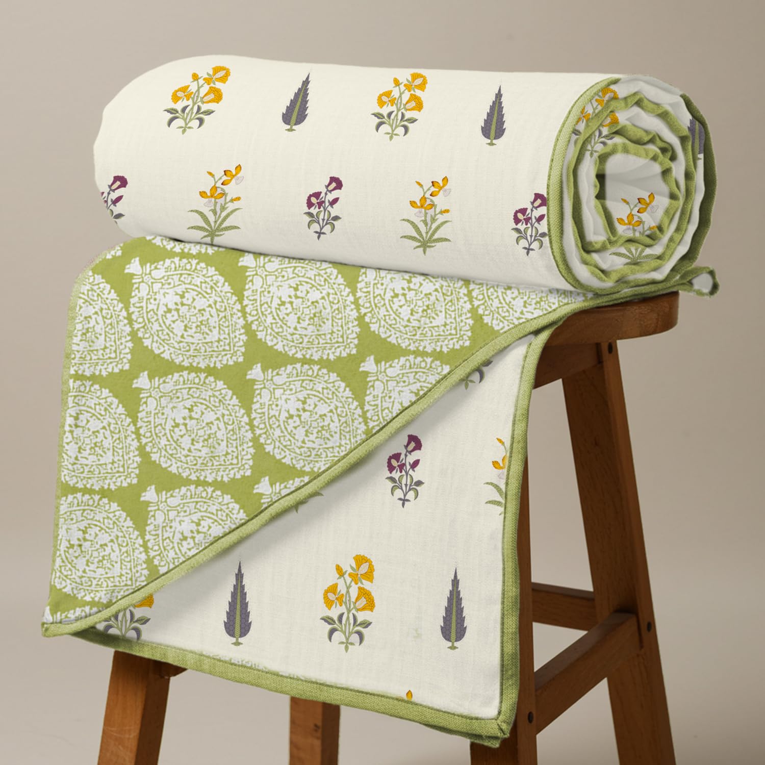 Urban Space 100% Cotton Malmal Double Bed Dohar All Season Reversible Blanket Soft Lightweight and Breathable Ac Dohar/Quilt/Blanket/for Bed Sofa AC Blanket (86 x 95 inch High Gardern Yellow)-200 TC Kafalo